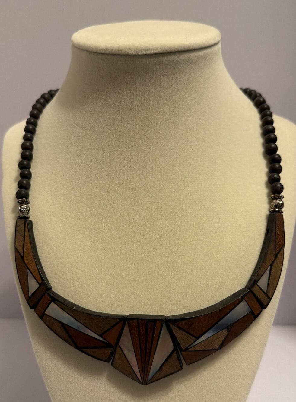 Vintage Wooden Beads Mother of Pearl Geometric Inlay Necklace Approx. 18”